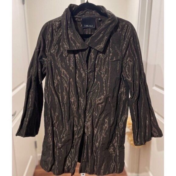 Carlisle Jackets & Blazers - Carlisle Woman Flare Jacket 6 Brown Metallic Crinkle Long Sleeve Button Closure